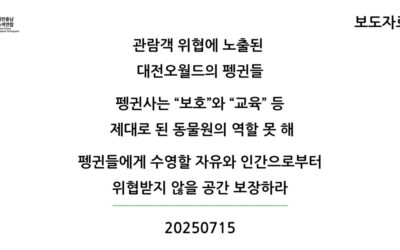 [보도자료] 관람객 위협에 노출된 대전오월드의 펭귄들. 대전오월드는 펭귄들에게 수영할 자유와 인간으로부터 위협 받지 않을 공간 보장하라