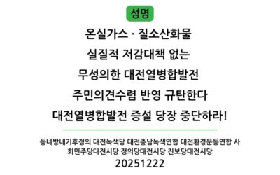 [성명] 온실가스 · 질소산화물 실질적 저감대책 없는 무성의한 대전열병합발전 주민의견수렴 반영 규탄한다 대전열병합발전 증설 당장 중단하라